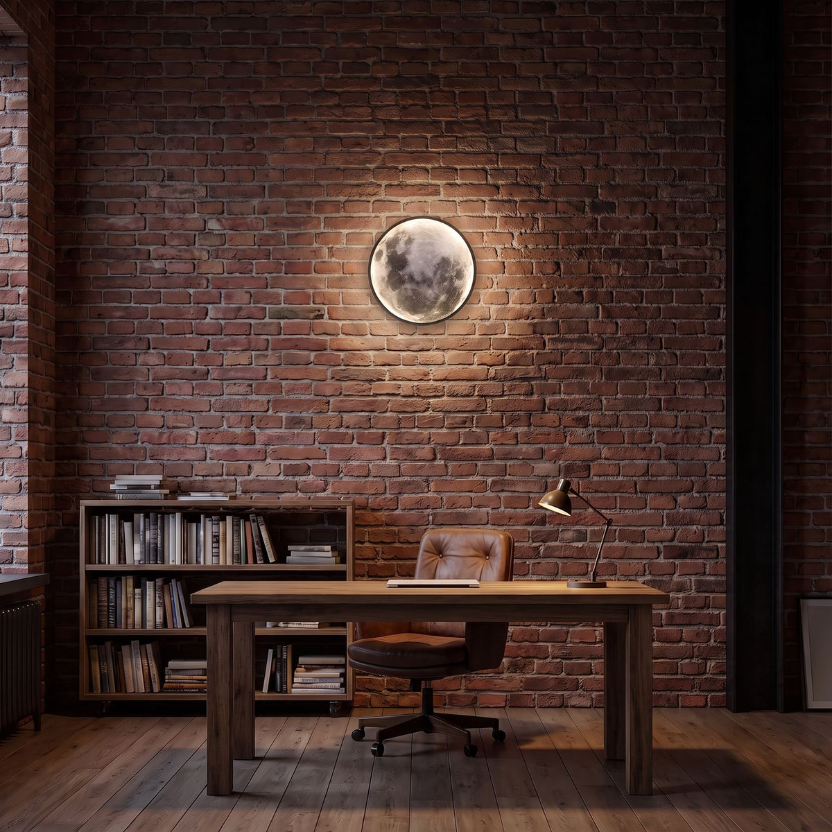 Round 3D Moon Black Frame LED Wall Light dimmed low on a brick wall above a desk in a loft home office at night