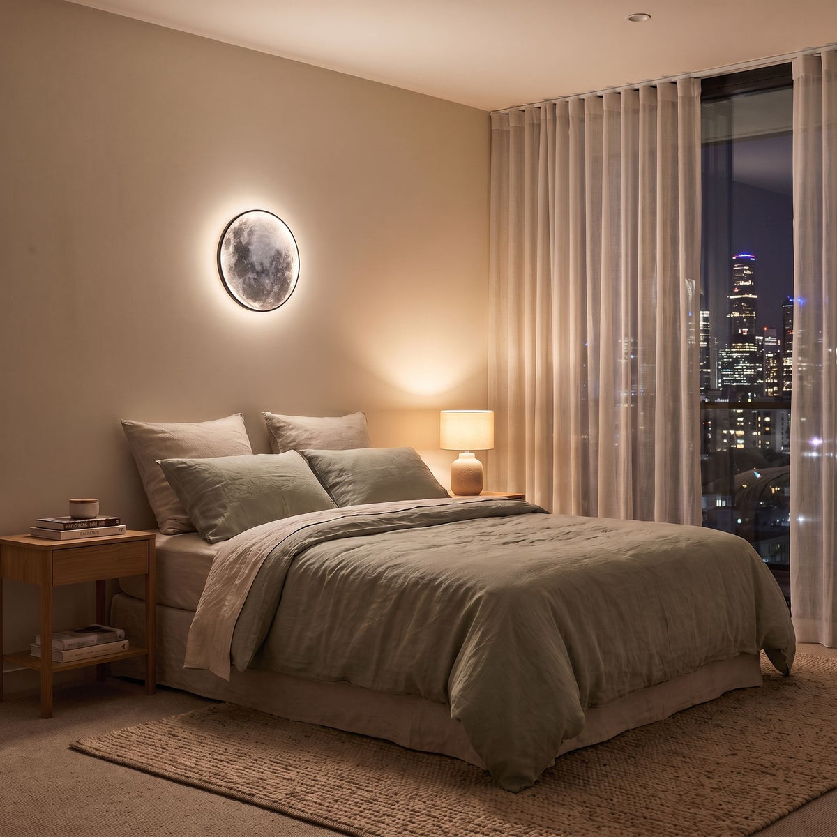 The 3D moon wall light above a bedside table in a city apartment bedroom at night