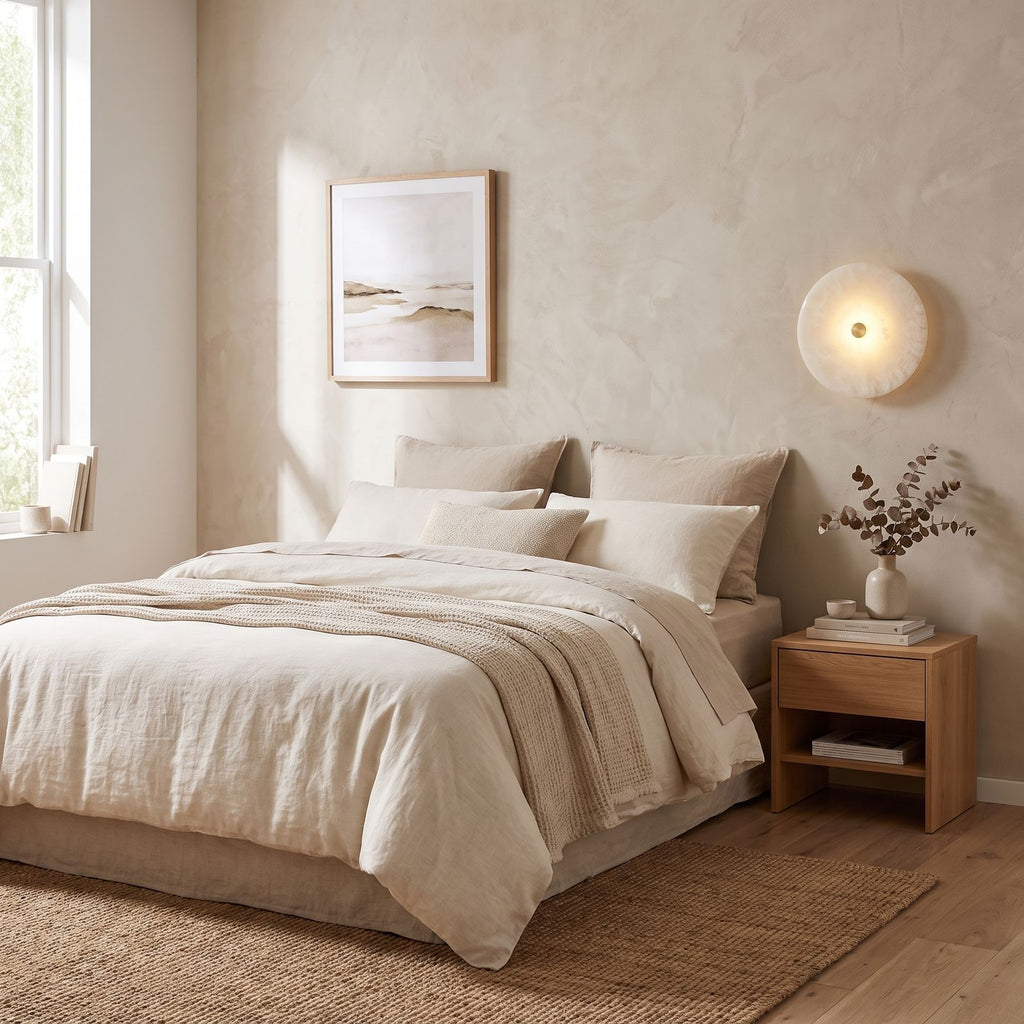 Round Alabaster Flush Wall and Ceiling Light on a bedroom wall beside the bed