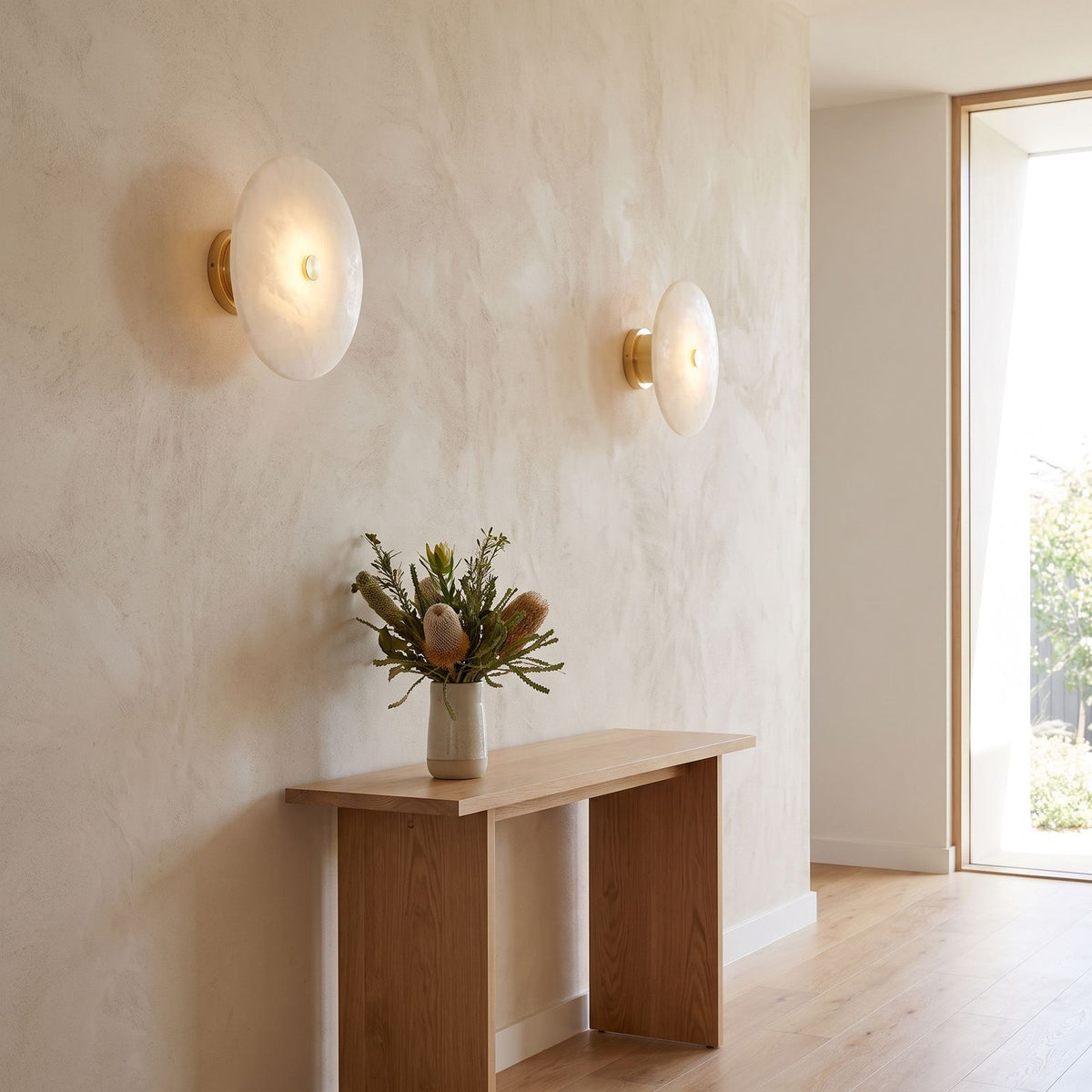 Round Alabaster Flush Wall and Ceiling Light in a pair on a wall of an Australian home