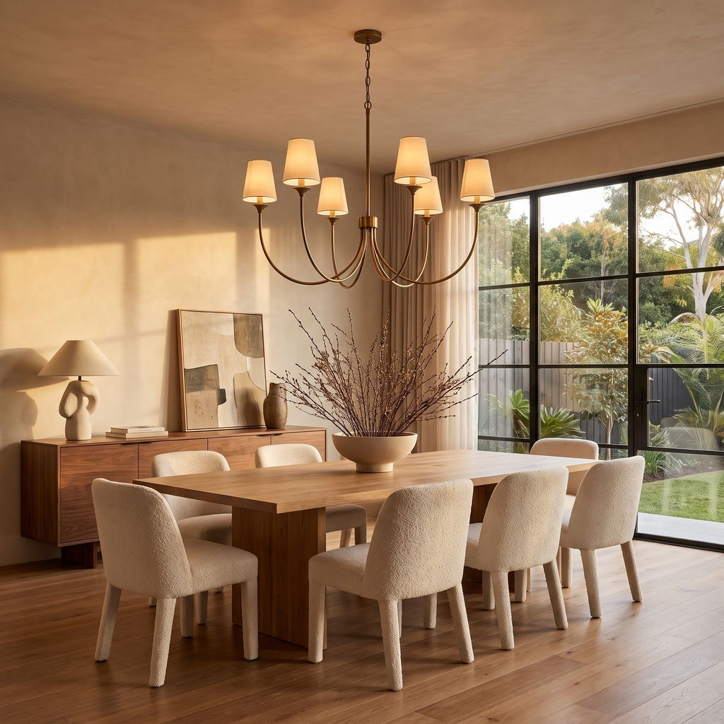 Round Curved Arm Off-White Shade Chandelier above a dining table in a contemporary home
