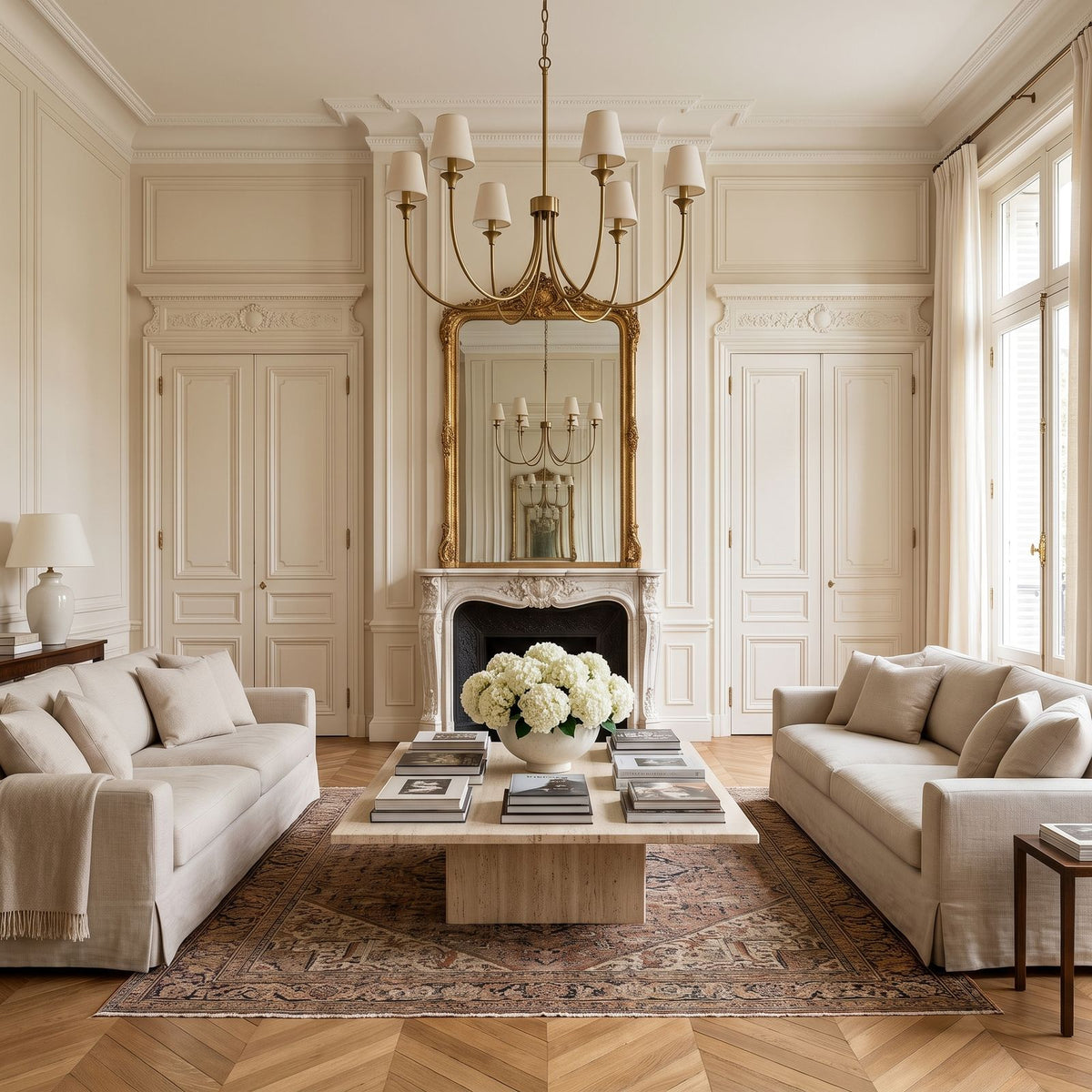 Round Curved Arm Off-White Shade Chandelier above a coffee table in a classic living room in daylight