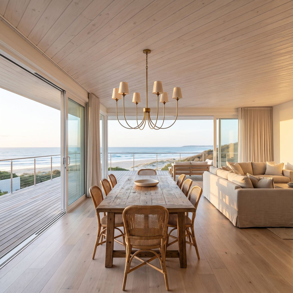 Round Curved Arm Off-White Shade Chandelier in a beachfront open-plan room, wide view