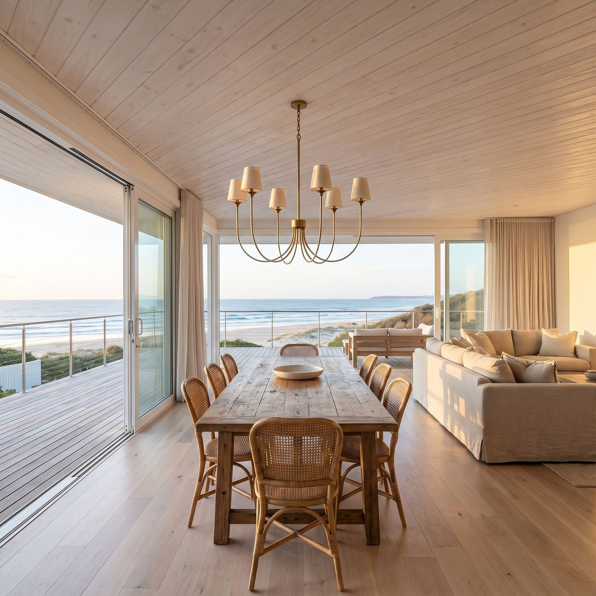 Round Curved Arm Off-White Shade Chandelier in a beachfront open-plan room, wide view