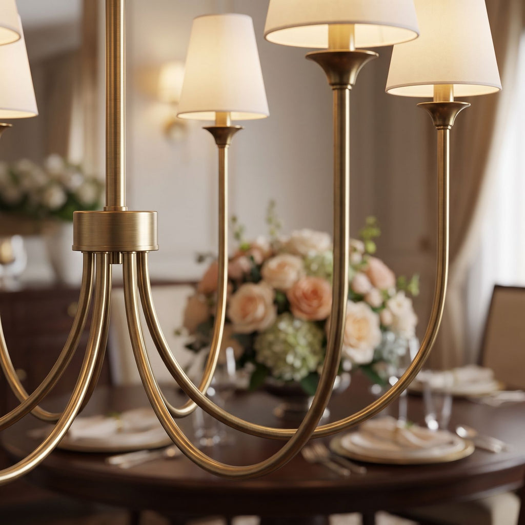 Round Curved Arm Off-White Shade Chandelier: close-up of the materials and finish