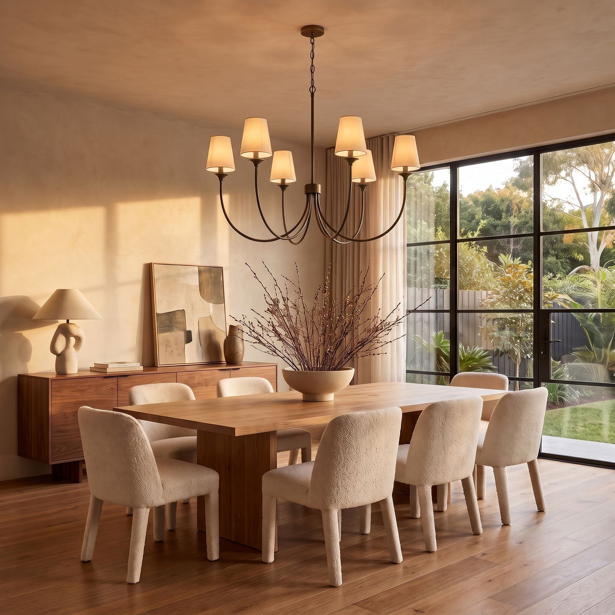 Round Curved Arm Off-White Shade Chandelier in bronze above a dining table in a contemporary home