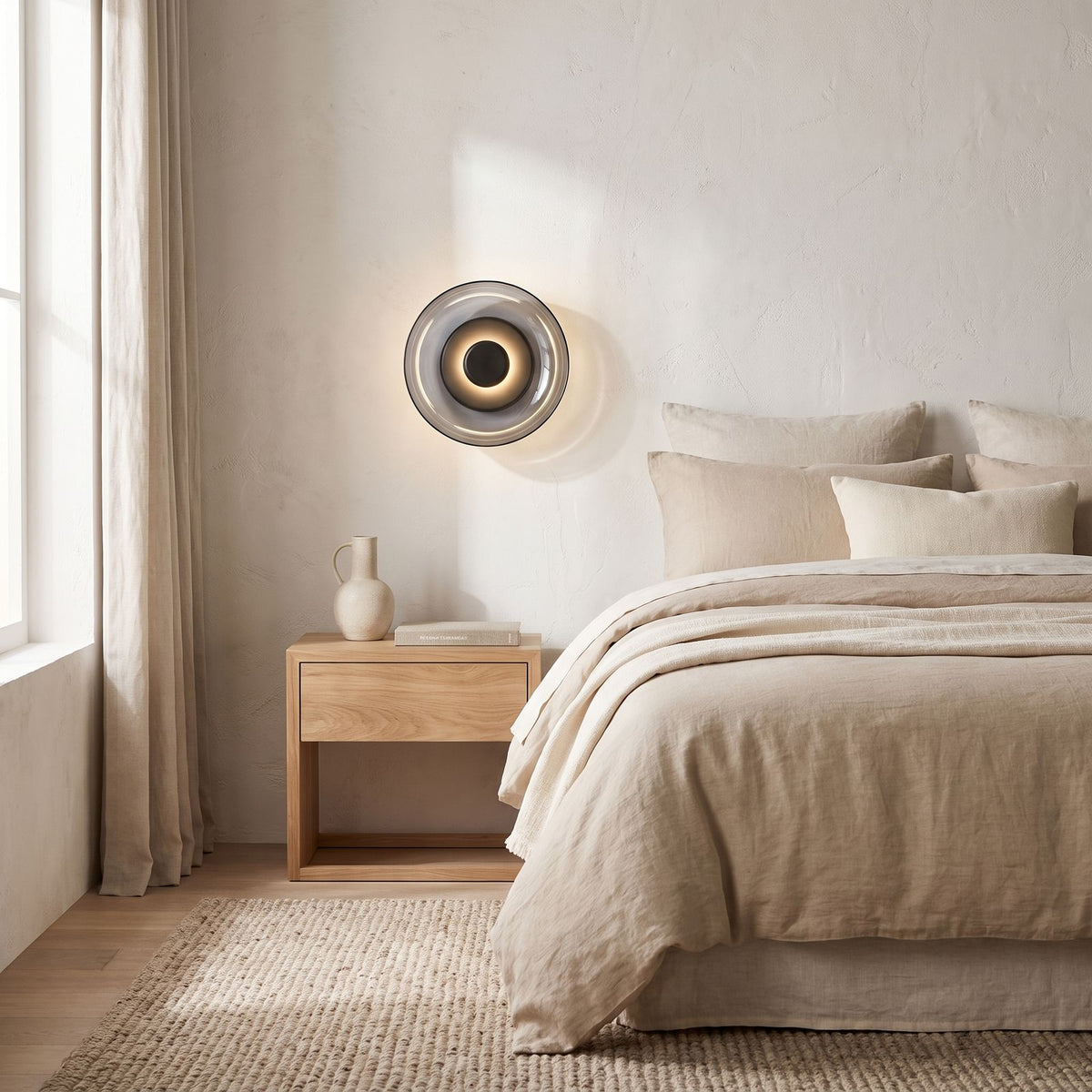 Round Glass Dish LED Wall Light on a bedroom wall beside the bed