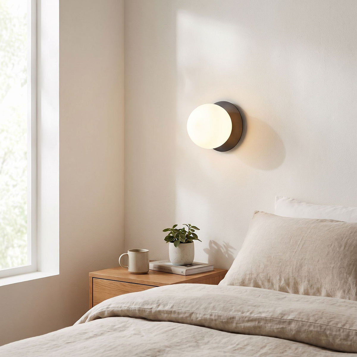Round Glass Wall Sconce with Metal Backplate on a bedroom wall beside the bed