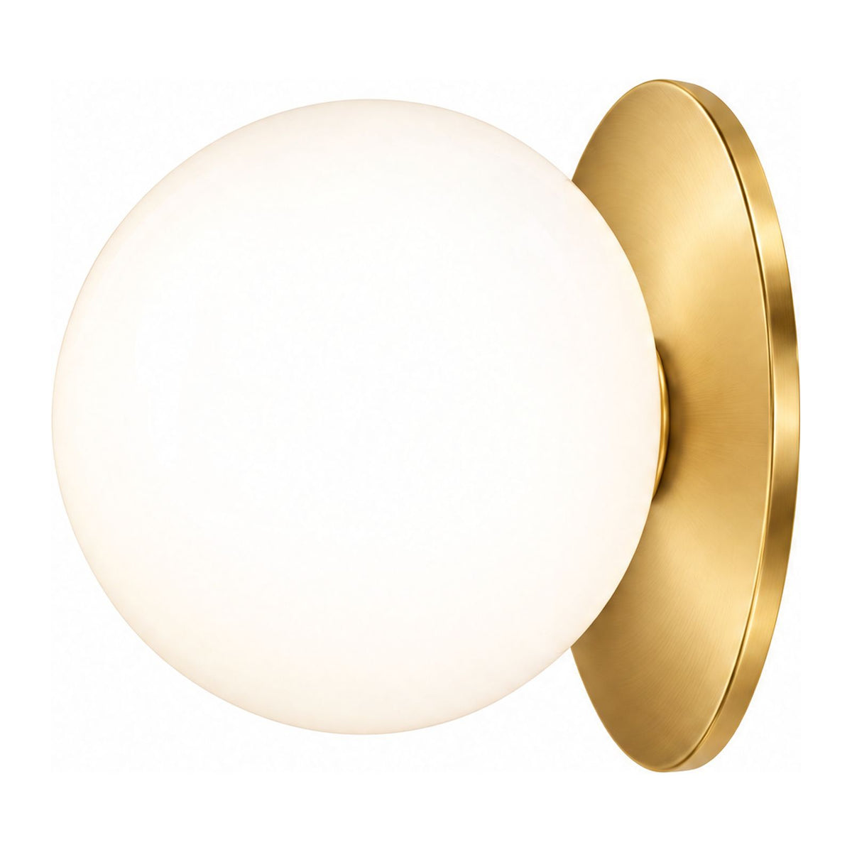 Round Glass Wall Sconce with Metal Backplate in Gold on a white background