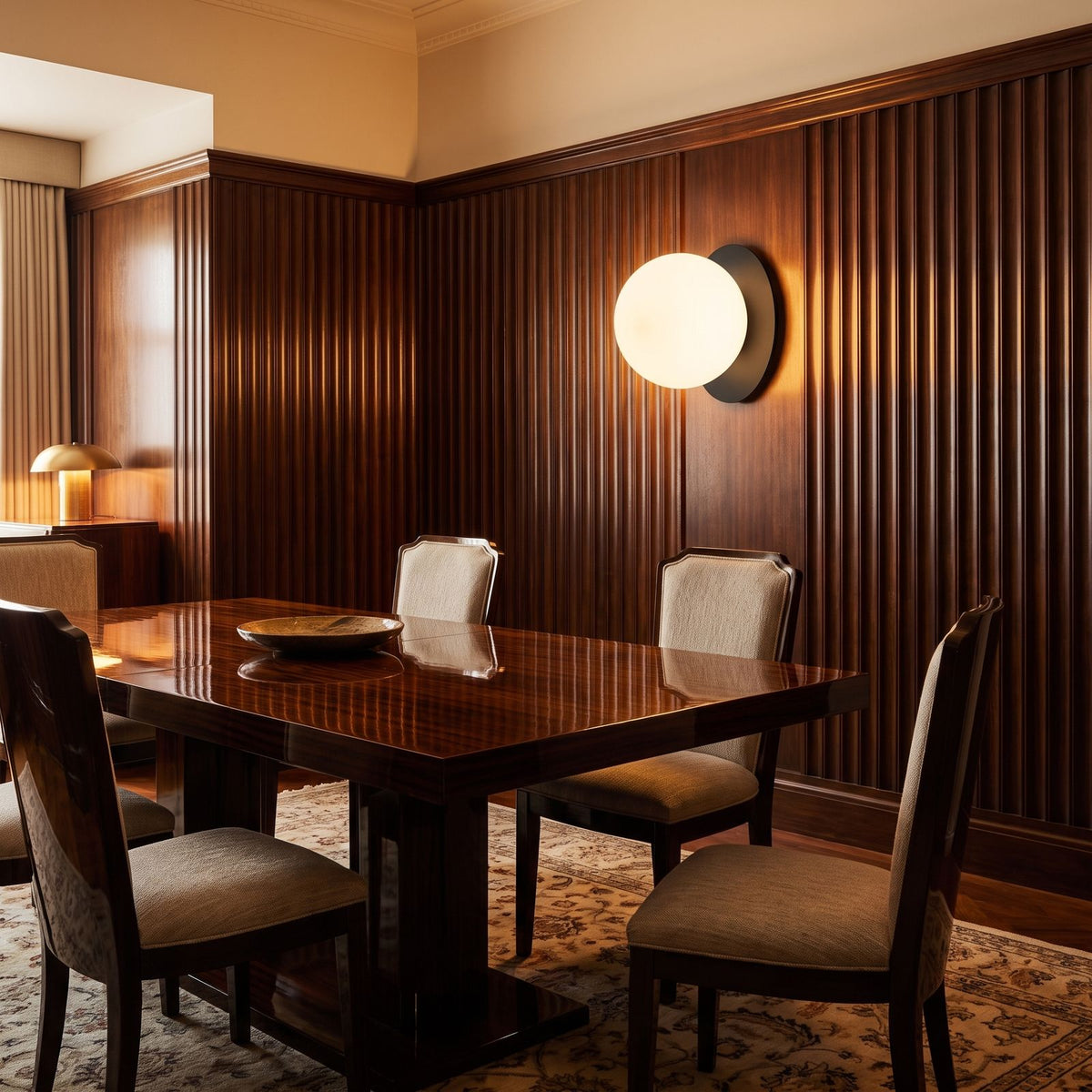 Round Glass Wall Sconce with Metal Backplate on a dining room wall