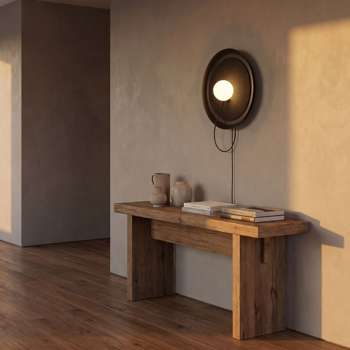 Round Iron Ring Wall Light with Magnetic Bulb in a hallway above a timber console