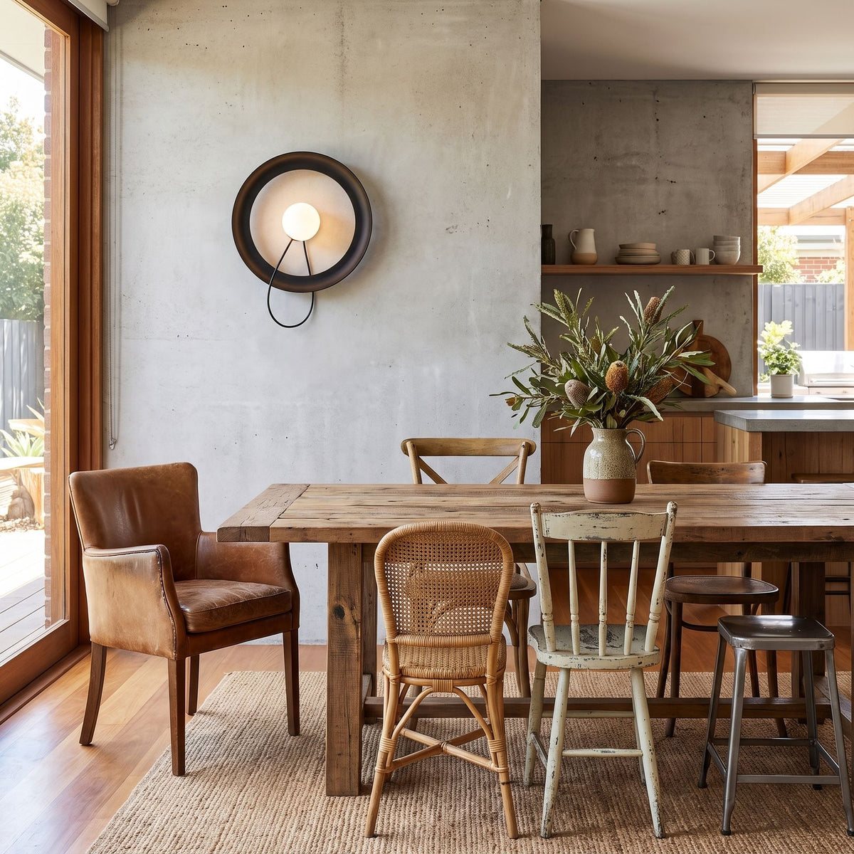 Round Iron Ring Wall Light with Magnetic Bulb on a dining room wall