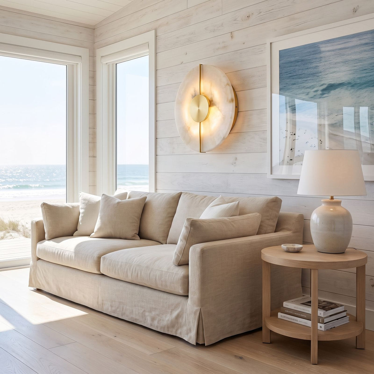 Round Marble and Metal LED Wall Light beside a sofa in a living room