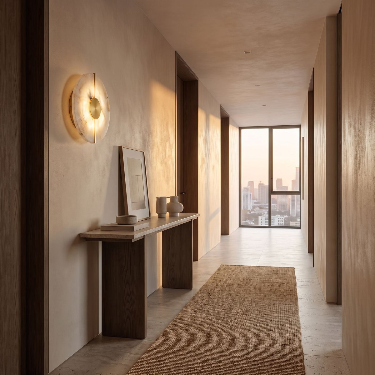 Round Marble and Metal LED Wall Light in a hallway