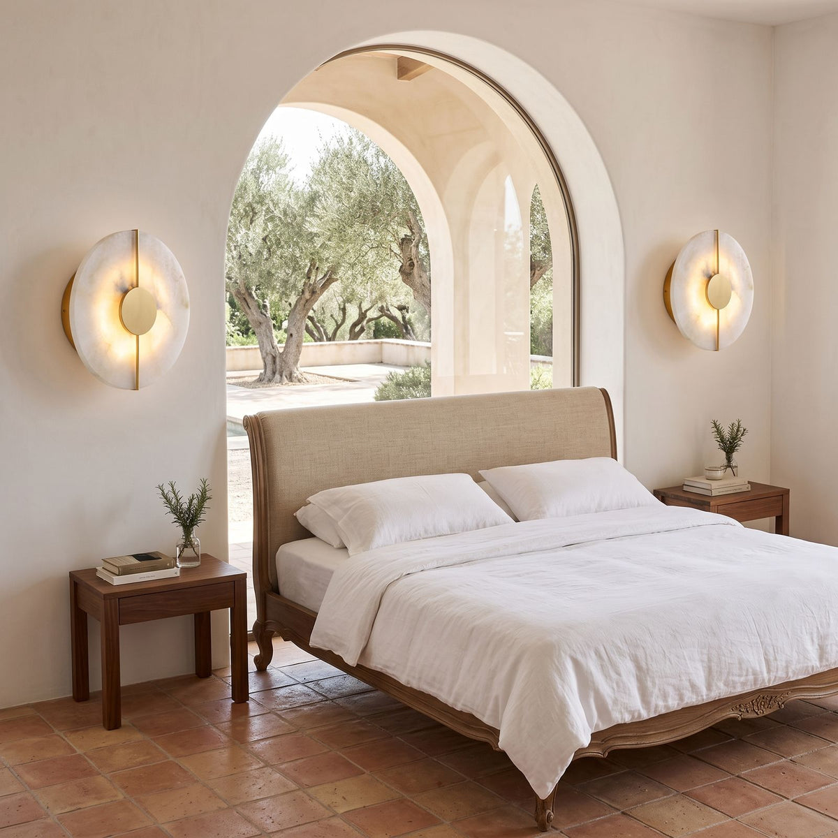 Round Marble and Metal LED Wall Light: a pair either side of a bed