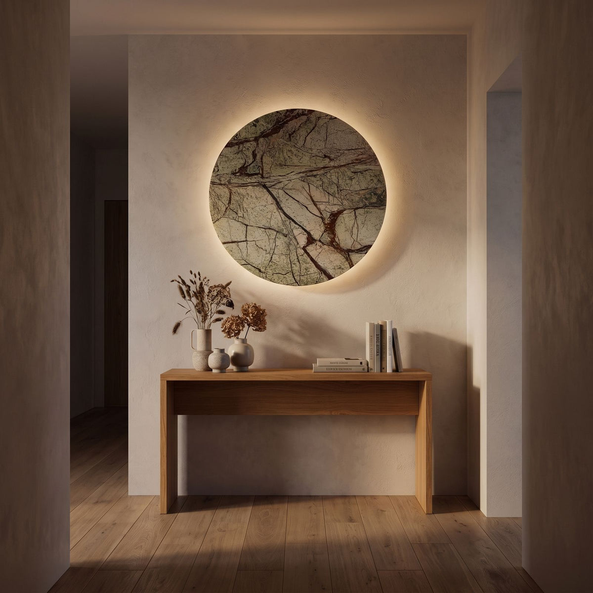 Round Natural Marble LED Wall Light in a hallway above a timber console