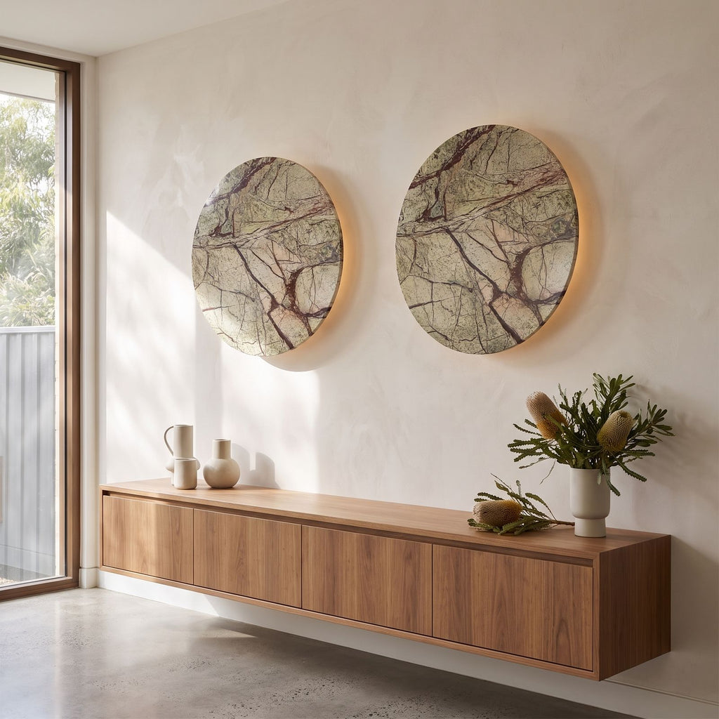 Round Natural Marble LED Wall Light in a pair on a wall of an Australian home