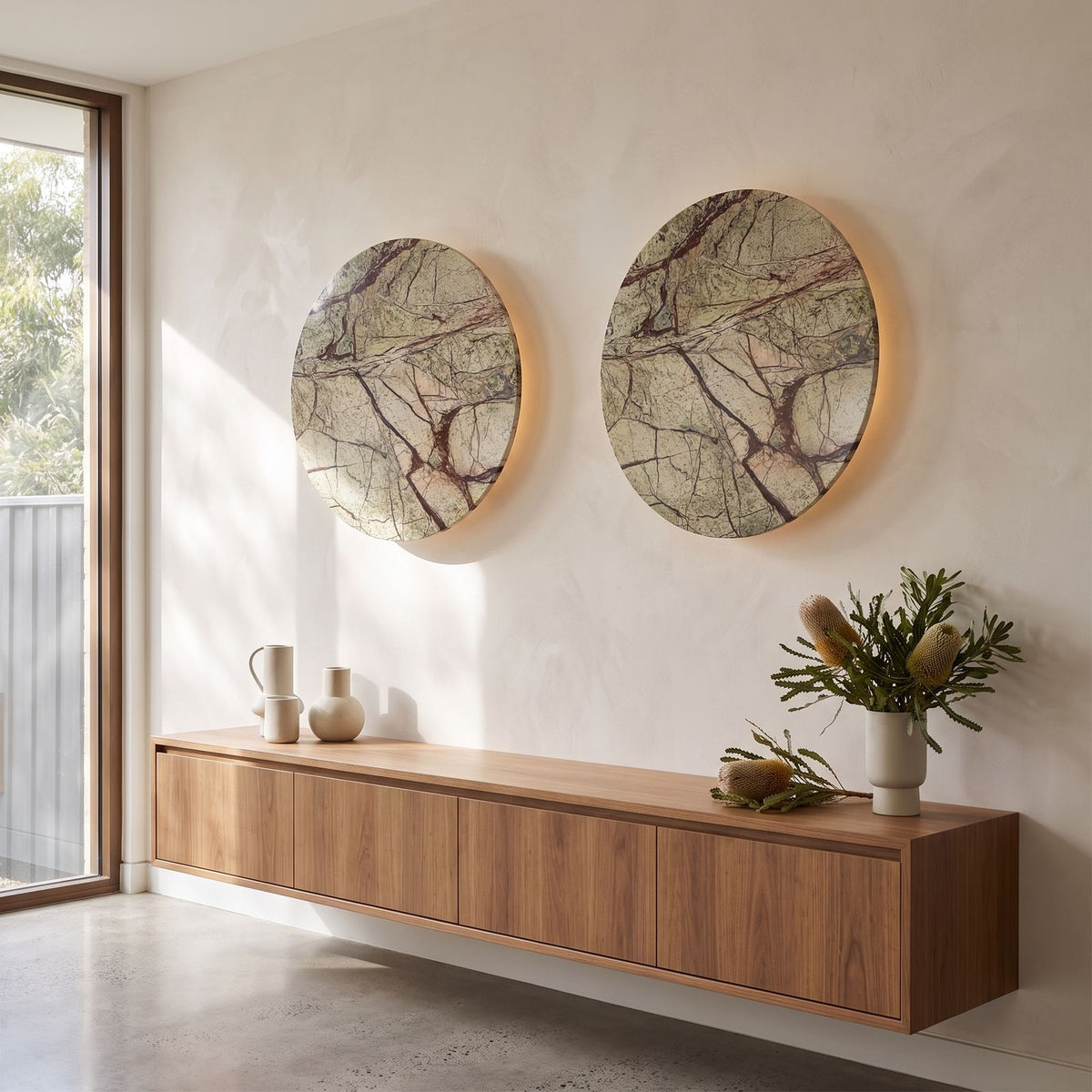 Round Natural Marble LED Wall Light in a pair on a wall of an Australian home