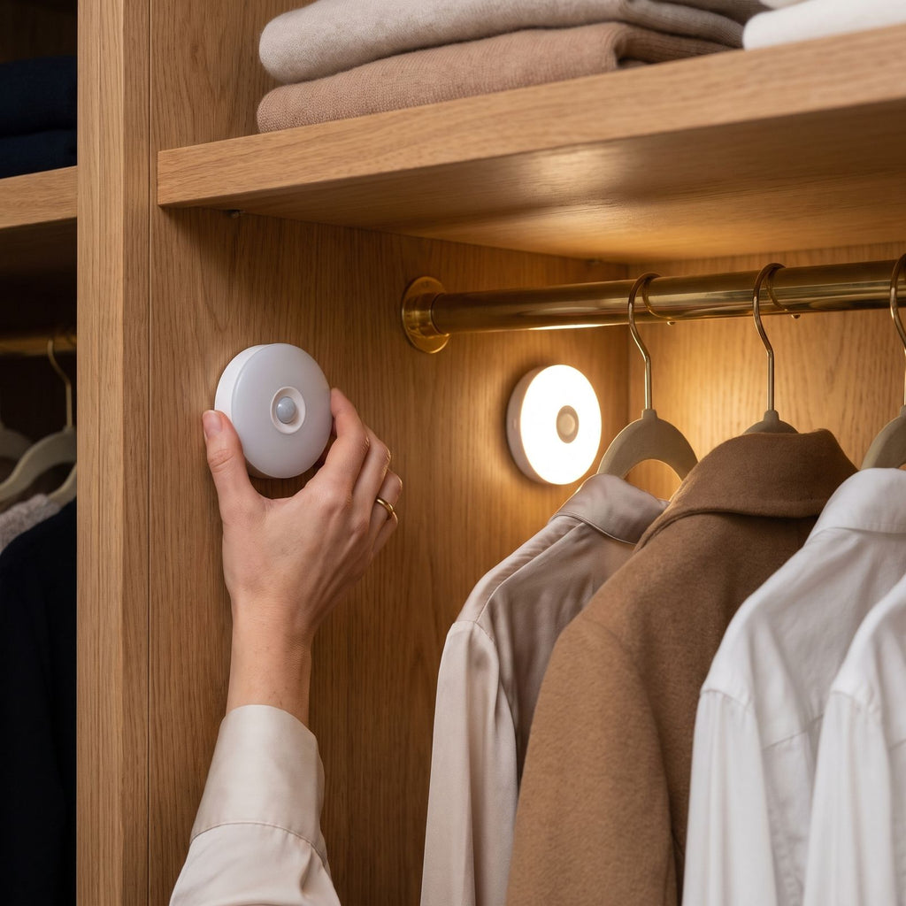 Hand placing a round rechargeable motion sensor wall light in a bedroom walk-in closet, a second one glowing warm white above the clothes