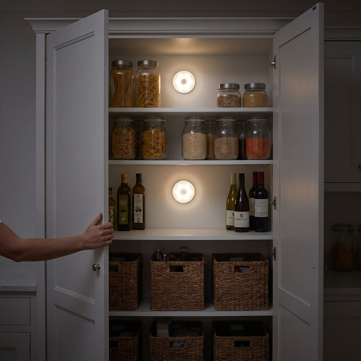 Two round motion sensor lights on the back wall of a kitchen pantry at night