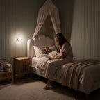 Mother reading to a child in an elegant child's bedroom at night by the soft warm glow of a round motion sensor light