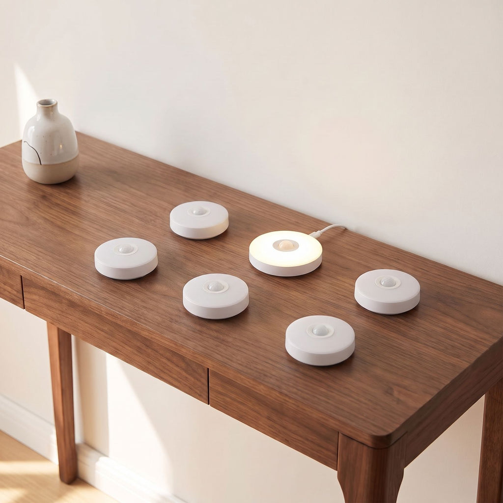 Pack of six round rechargeable motion sensor lights on a console table, one charging by USB