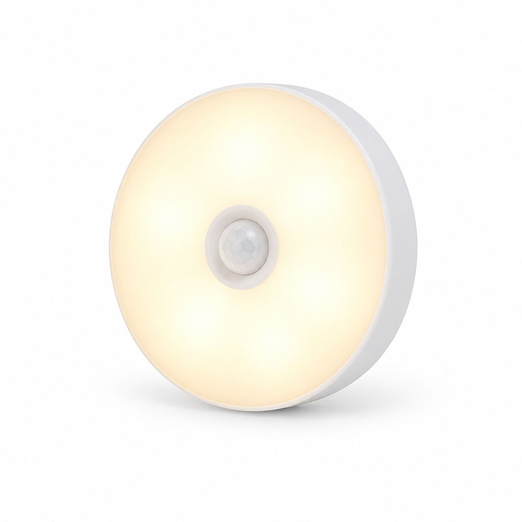 Round Rechargeable Motion Sensor Wall Light in Warm White on a white background