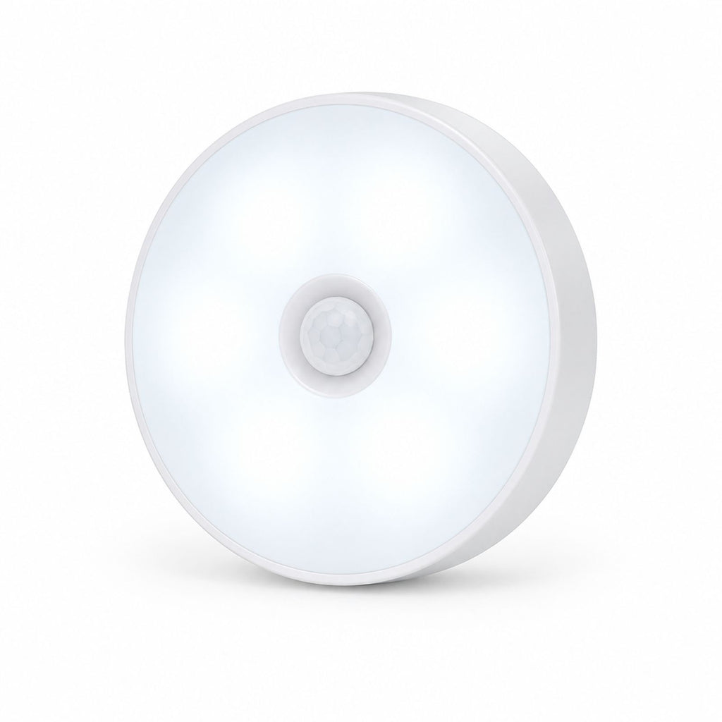 Round Rechargeable Motion Sensor Wall Light in White on a white background