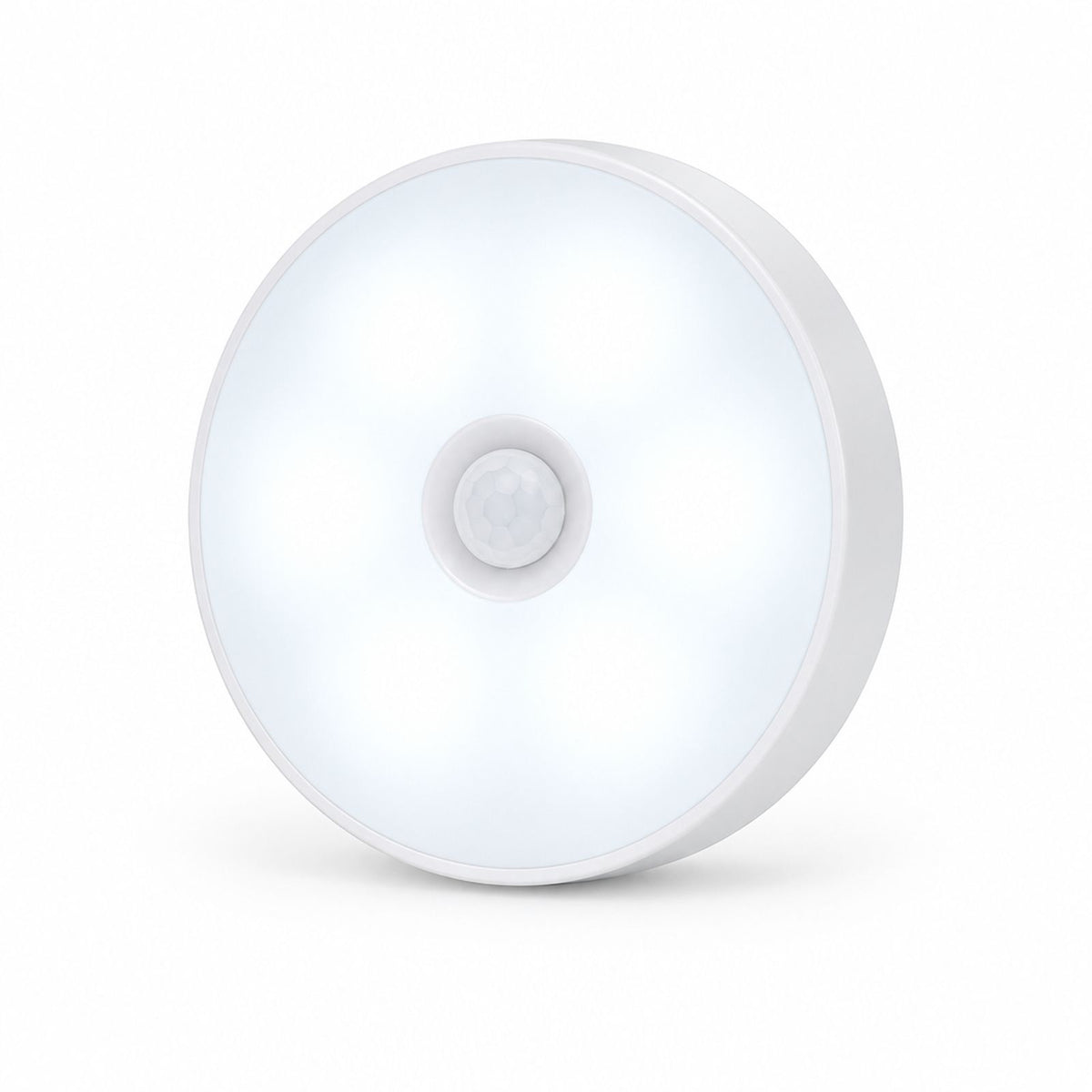 Round Rechargeable Motion Sensor Wall Light in White on a white background