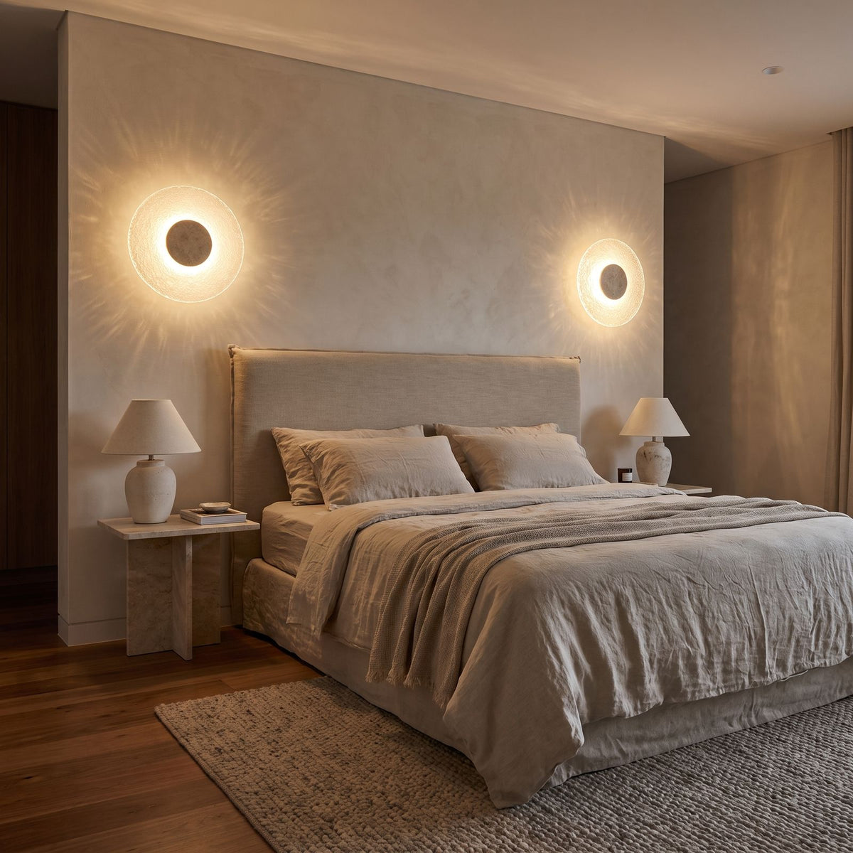 A pair of Round Travertine and Acrylic Wall Lights either side of a bed headboard