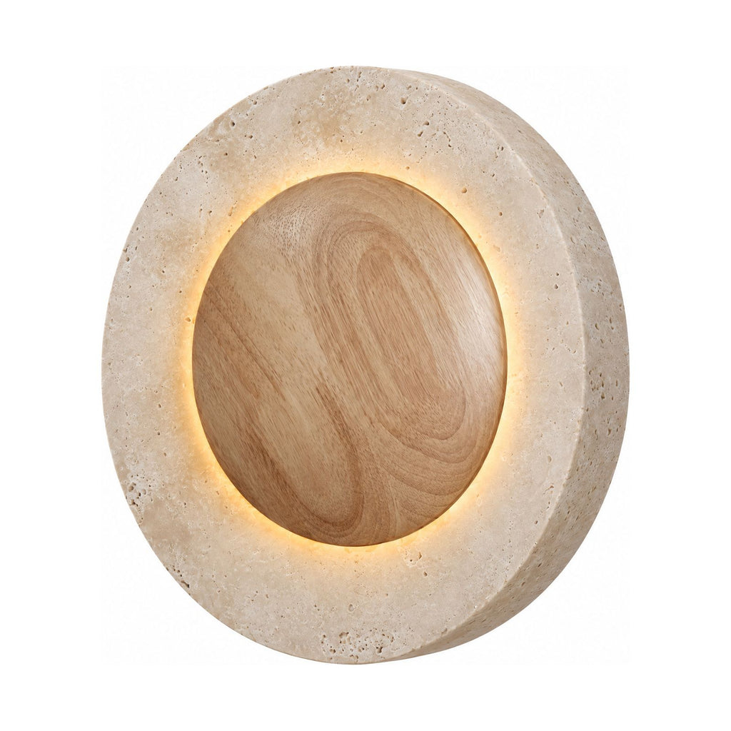 Round Travertine and Wood Shade LED Wall Light on a white background