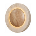 Round Travertine and Wood Shade LED Wall Light on a white background