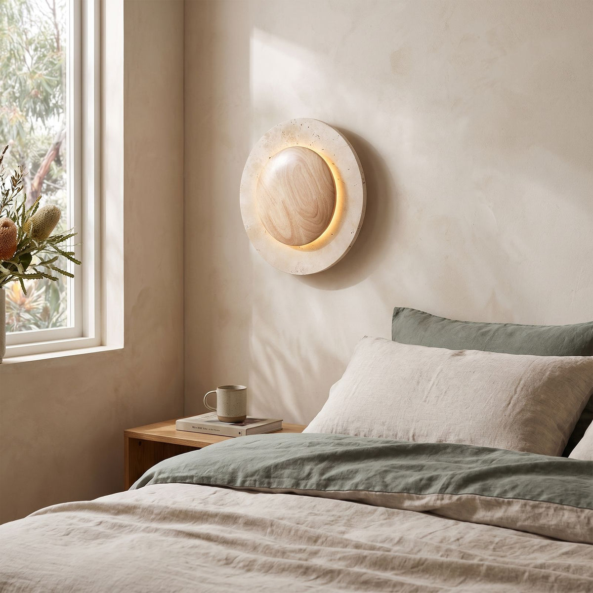 Round Travertine and Wood Shade LED Wall Light on a bedroom wall beside the bed