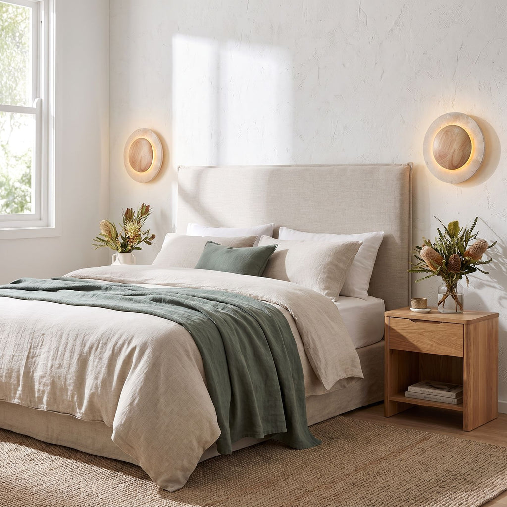 Round Travertine and Wood Shade LED Wall Light in a pair on a wall of an Australian home