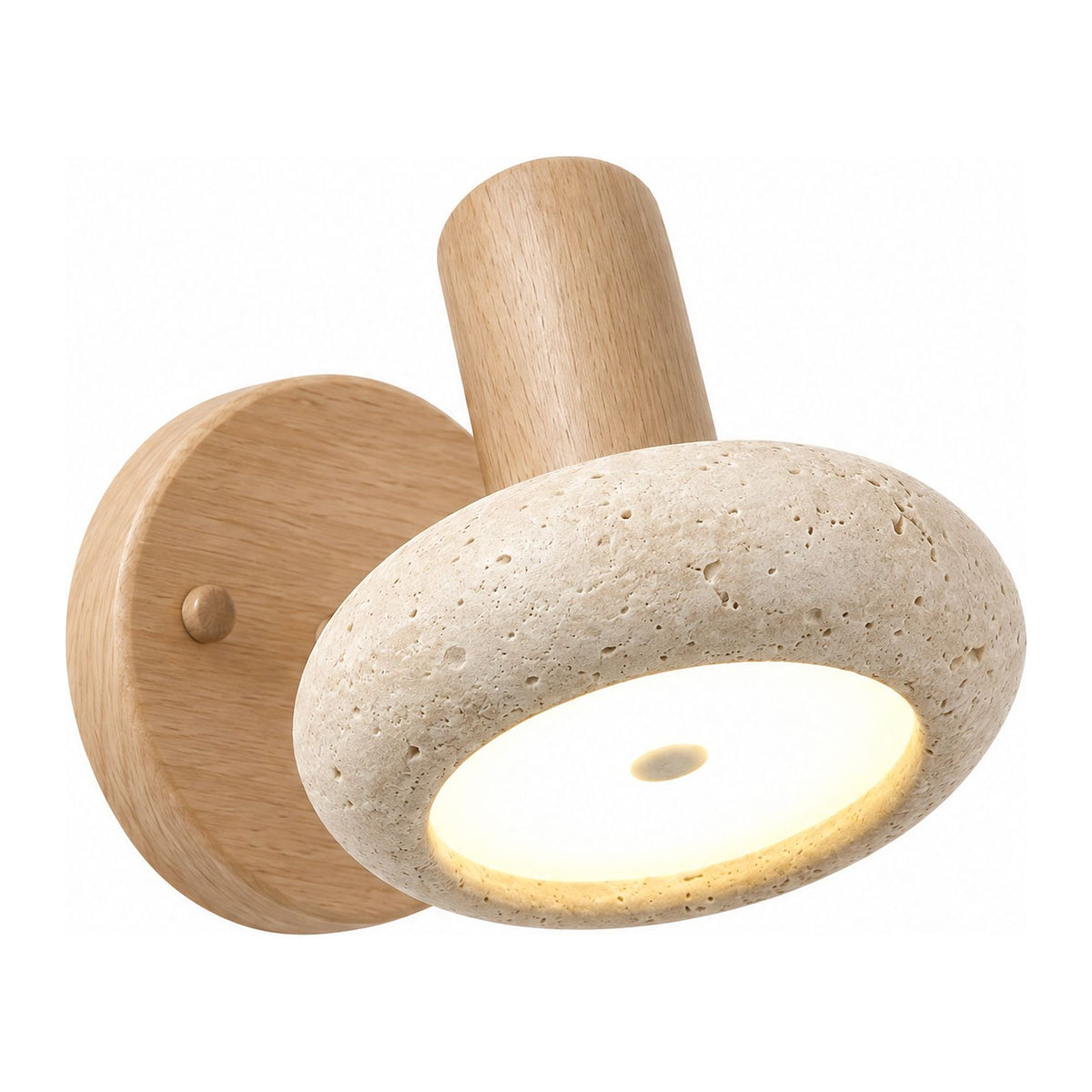 Round Travertine Swivel Bedside Wall Light in Natural Wood on a white background
