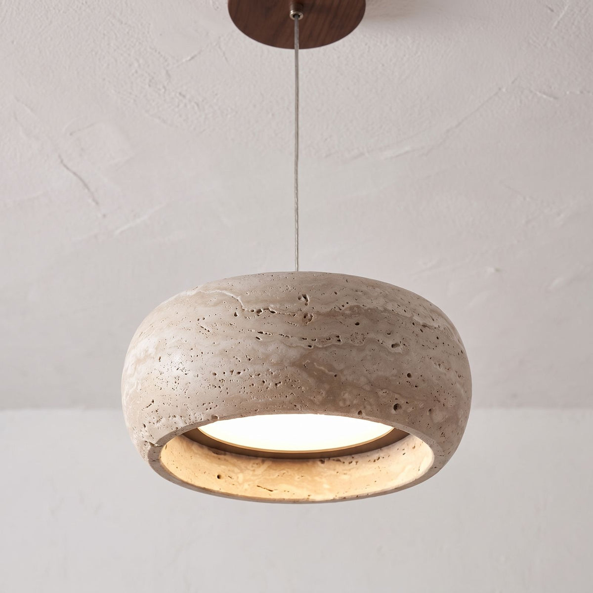 Rounded Travertine Puck LED Pendant Light, close view from below