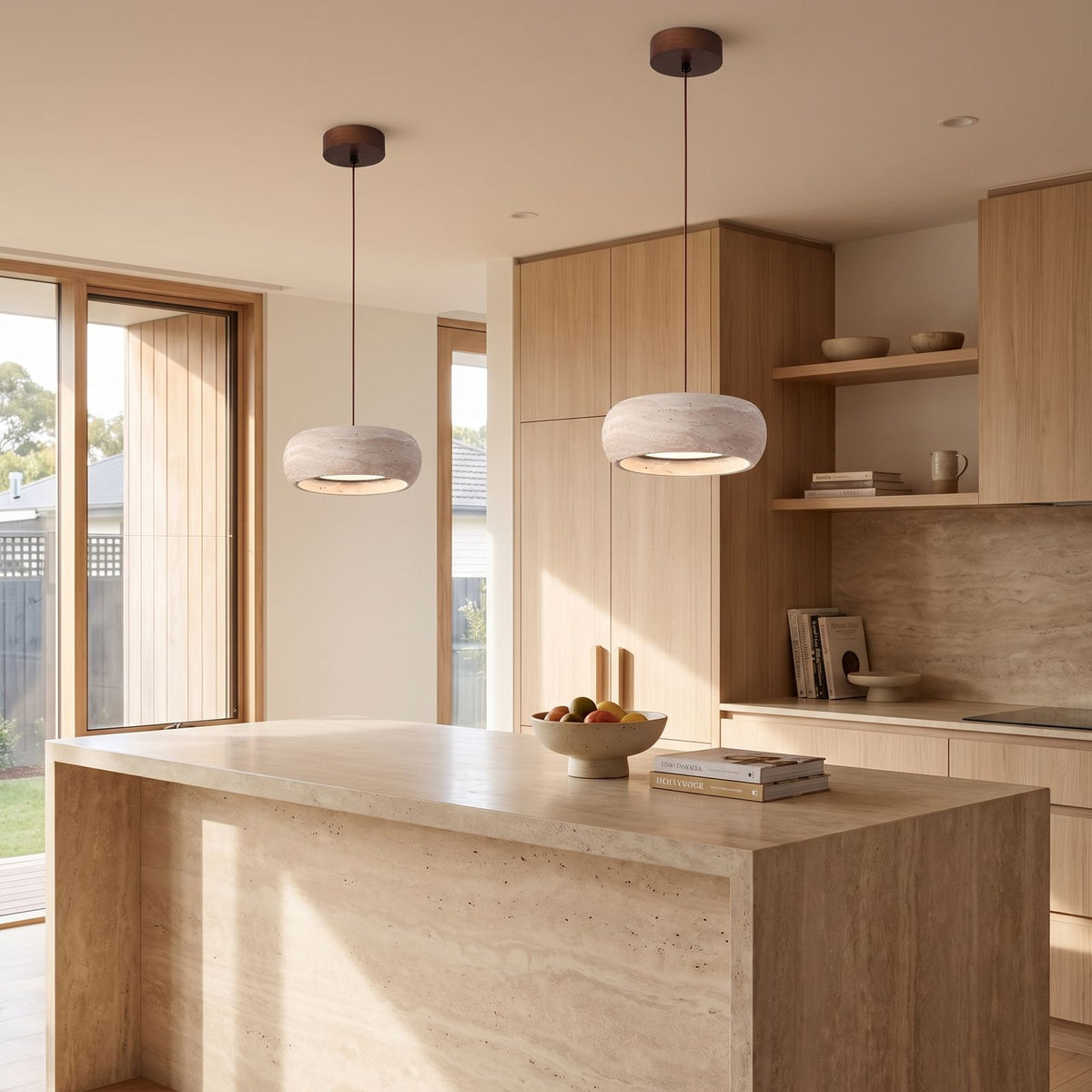 Rounded Travertine Puck LED Pendant Light in a pair over a stone kitchen island