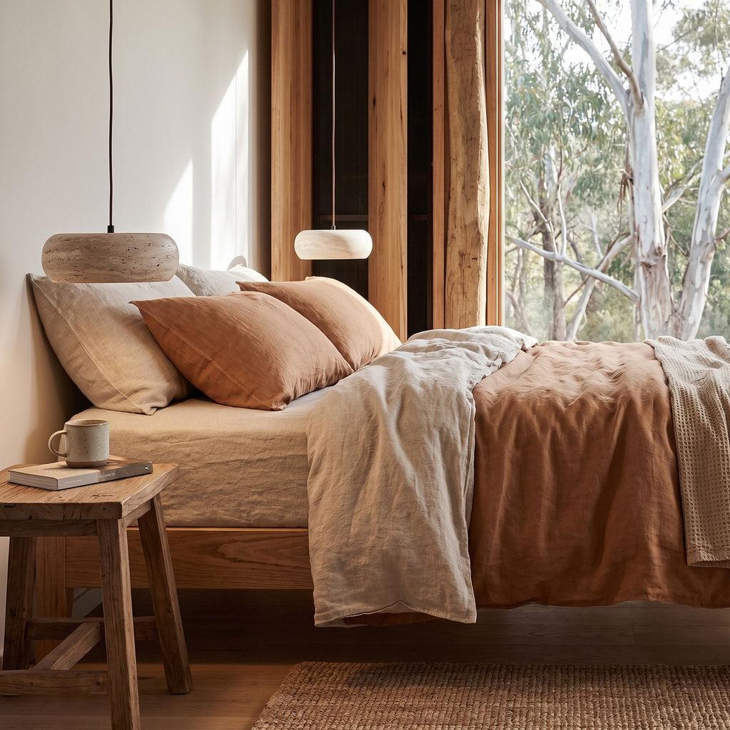 Rounded Travertine Puck LED Pendant Light beside a bed as a bedside pendant