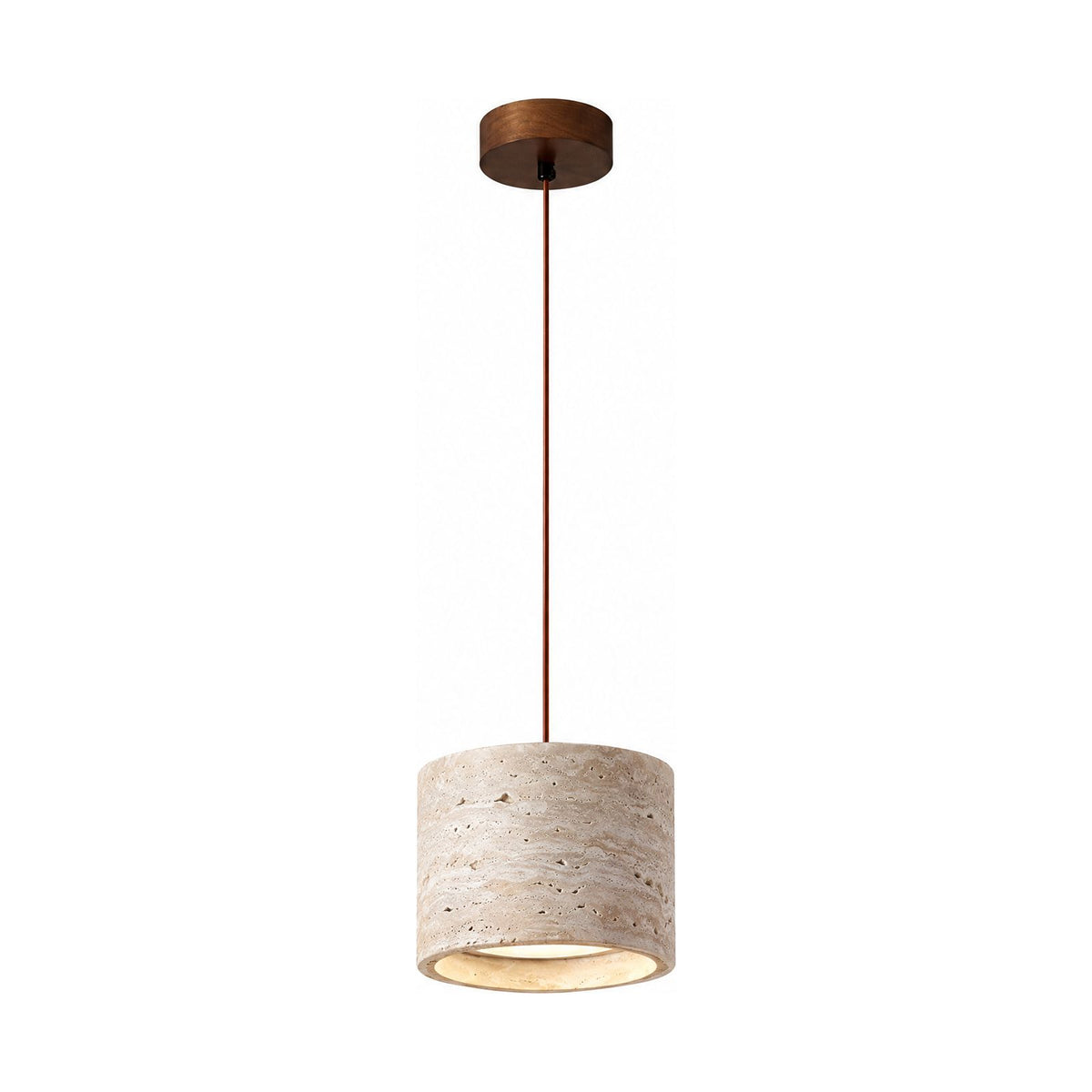 Rounded Travertine Puck LED Pendant Light in the straight cylinder shape on a white background