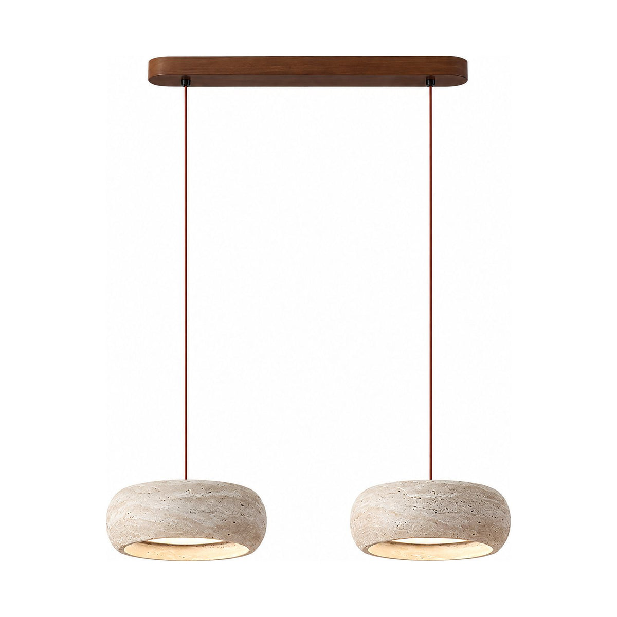 Rounded Travertine Puck LED Pendant Light as a two-light linear version on a white background