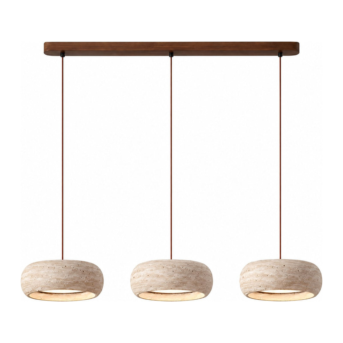 Rounded Travertine Puck LED Pendant Light as a three-light linear version on a white background