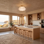 Ruffled acrylic semi-flush ceiling light in a wide living room view