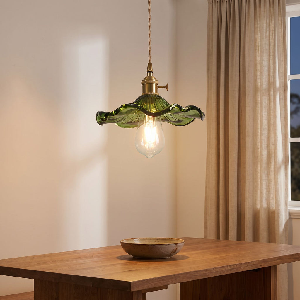 Ruffled Fluted Glass Flower Pendant Light above a dining table