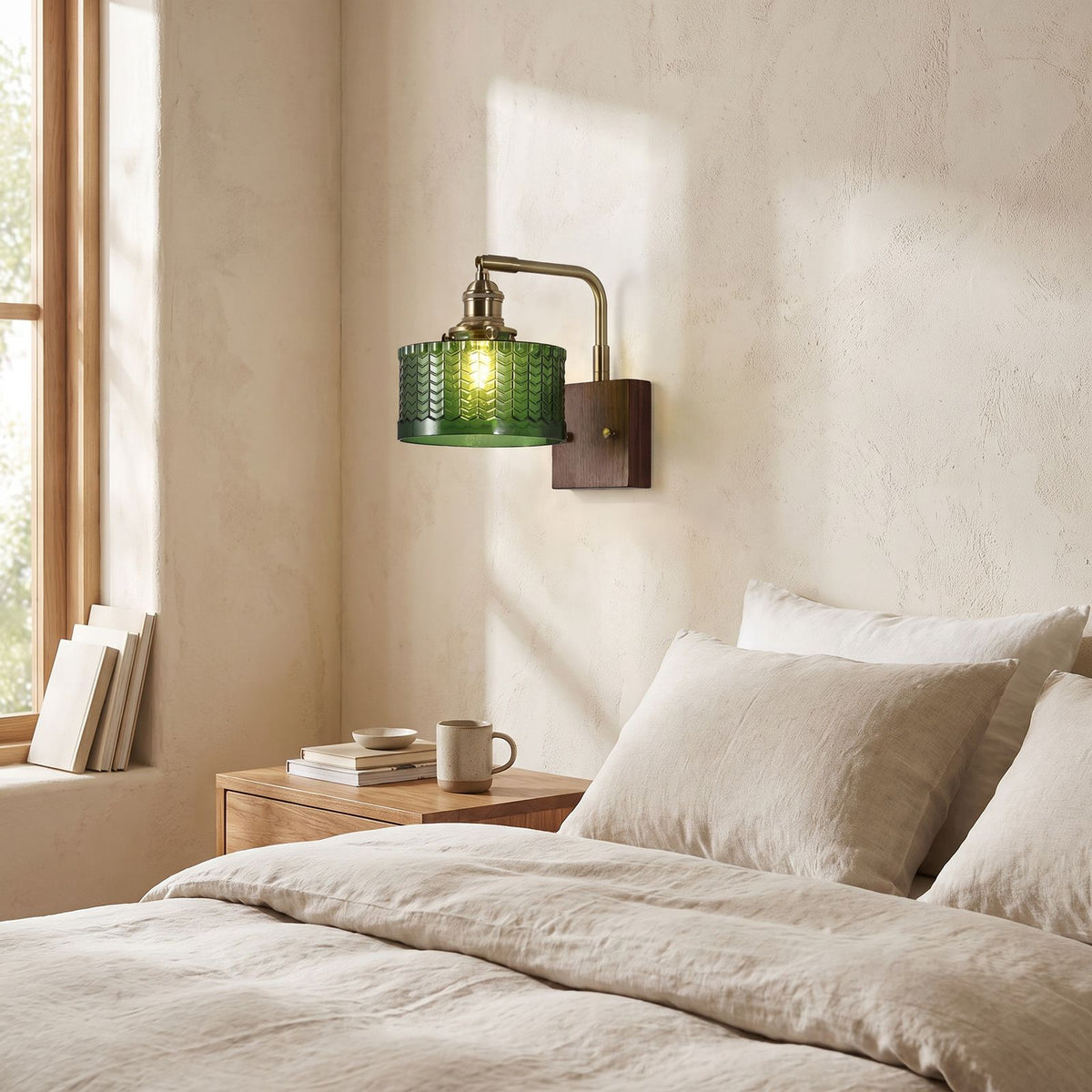 Scale Pattern Glass and Wood Block Wall Light on a bedroom wall beside the bed