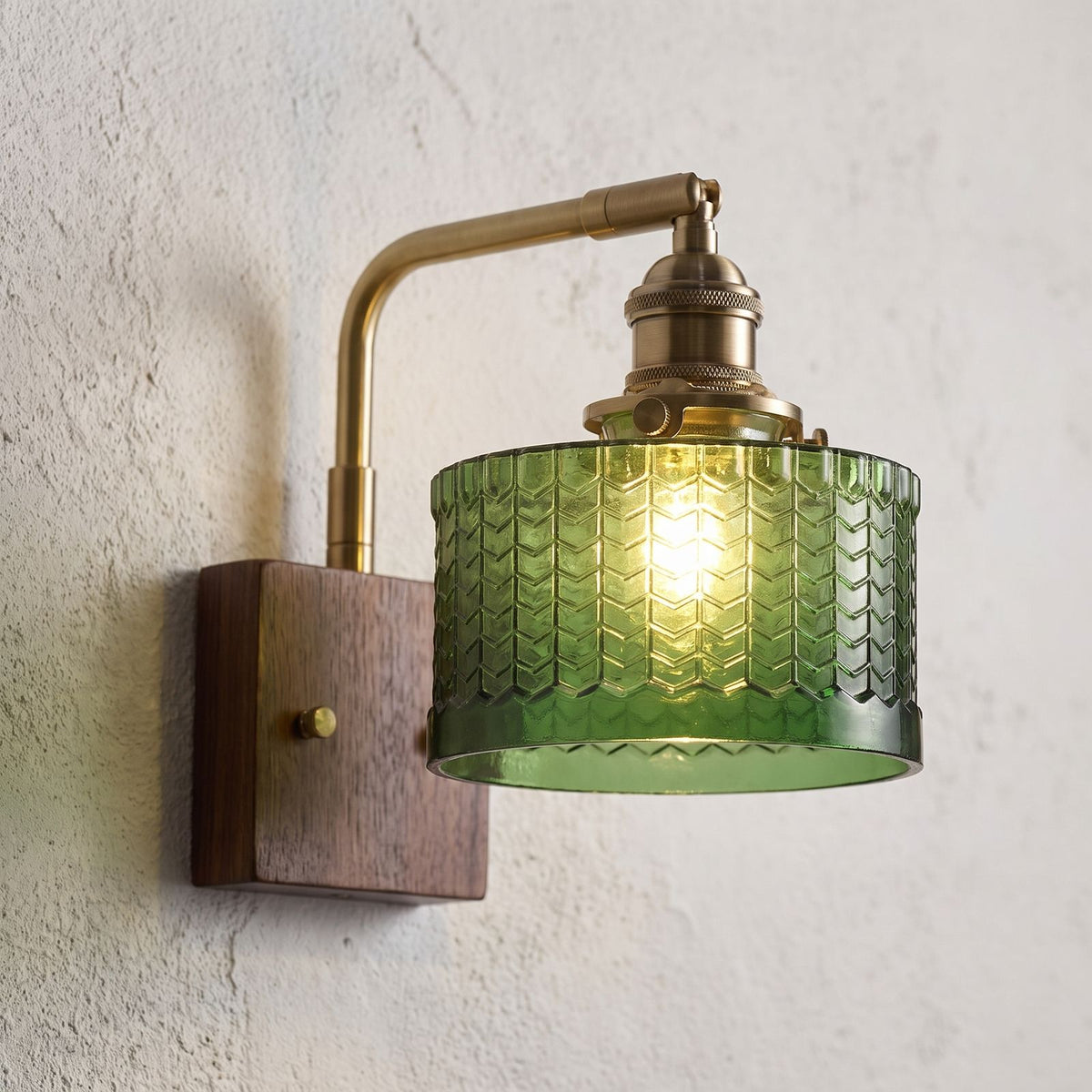 Scale Pattern Glass and Wood Block Wall Light, close view at 45 degrees on a plaster wall