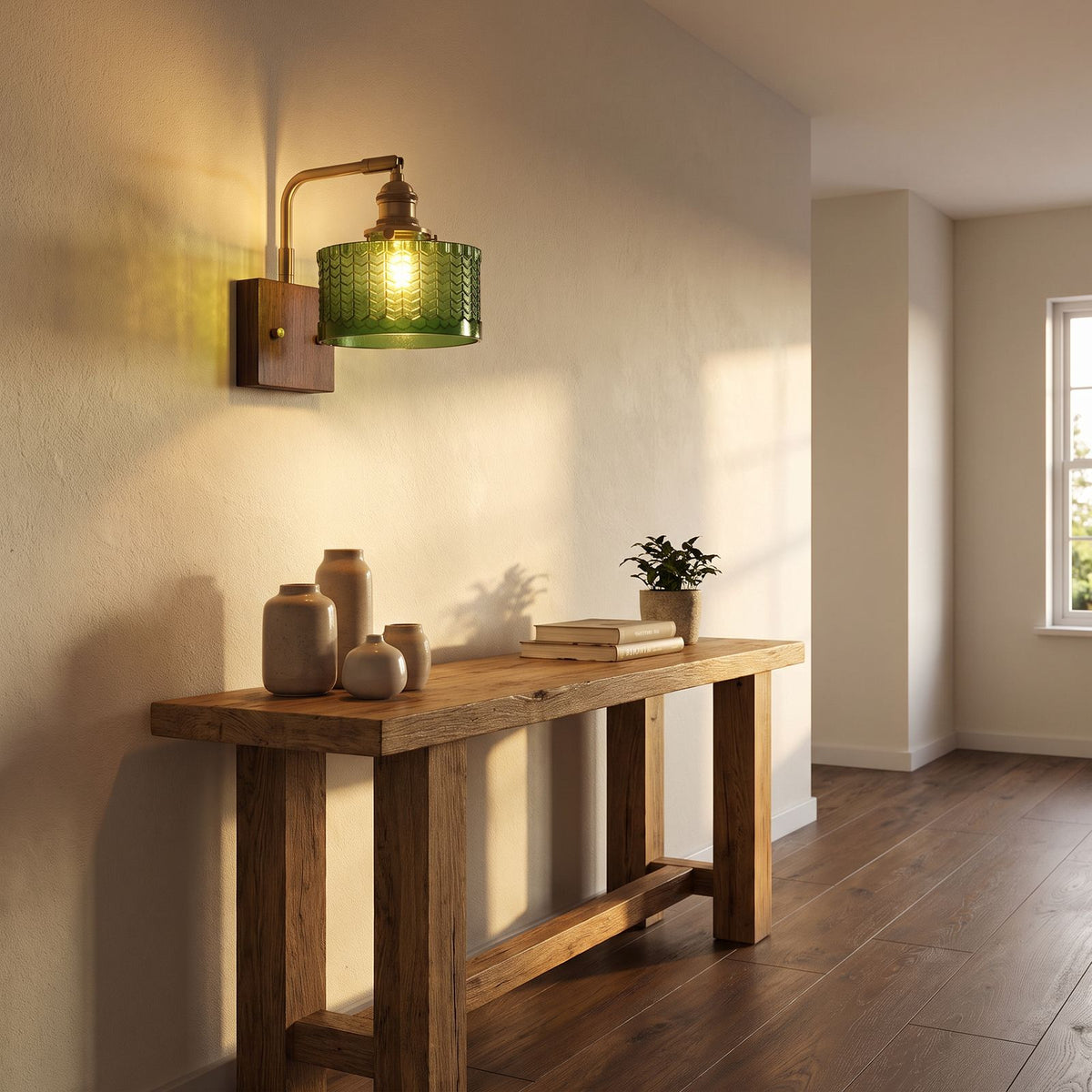 Scale Pattern Glass and Wood Block Wall Light in a hallway above a timber console