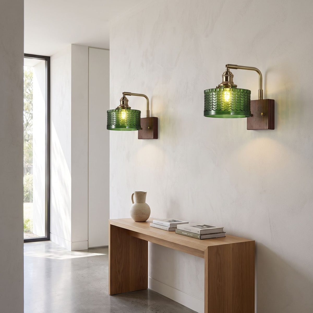 Scale Pattern Glass and Wood Block Wall Light in a pair on a wall of an Australian home