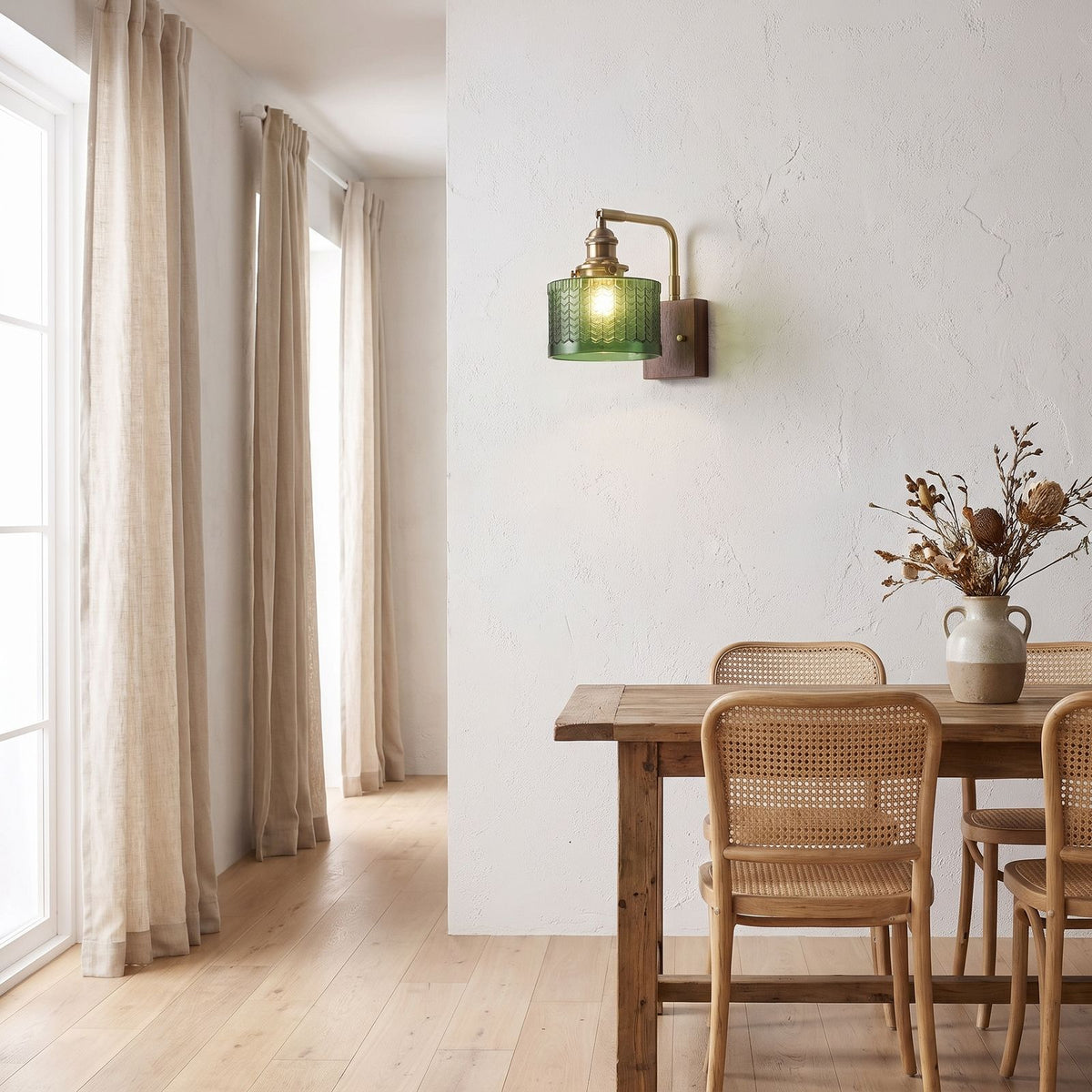 Scale Pattern Glass and Wood Block Wall Light on a dining room wall