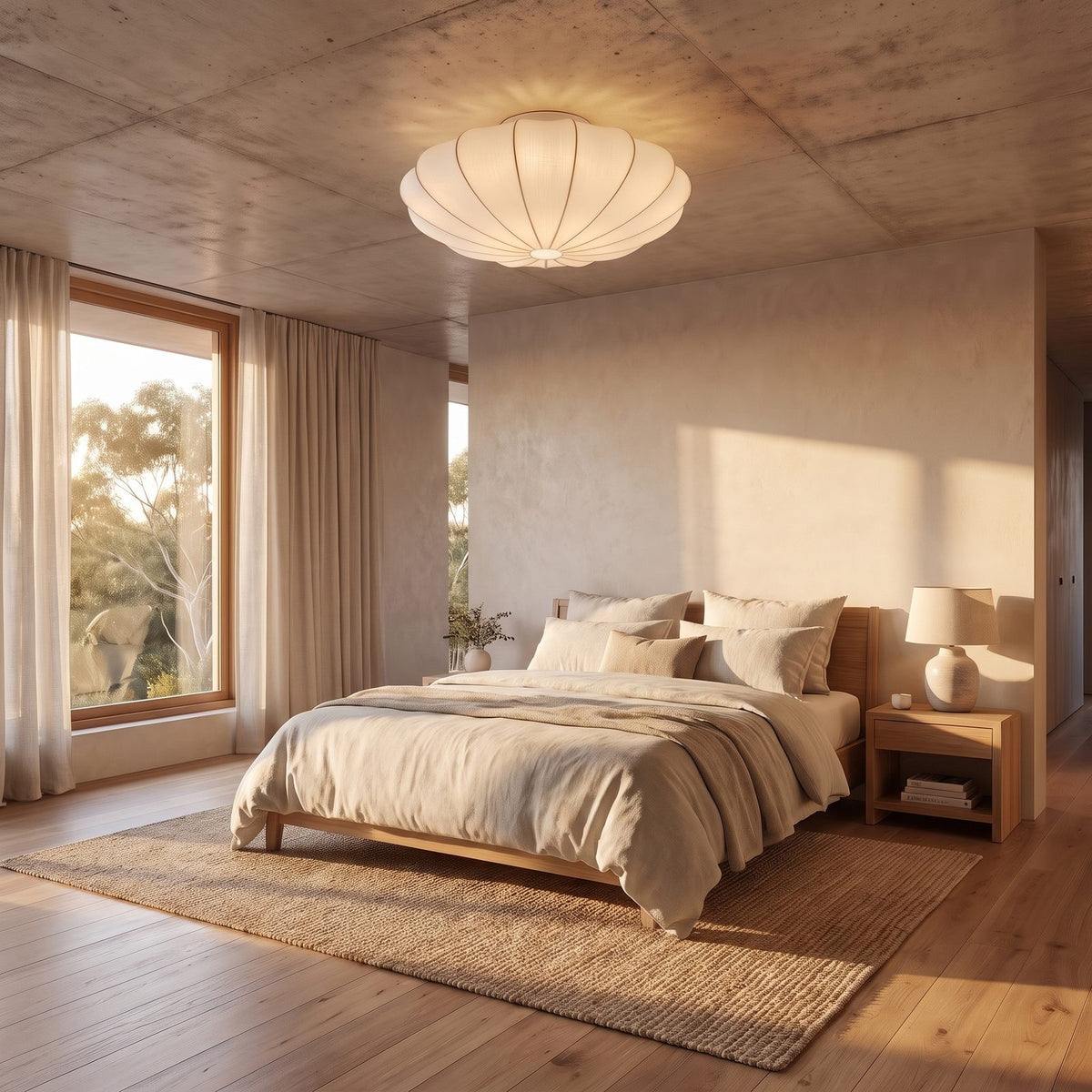 Scalloped silk shade LED ceiling light in an entry hall at night