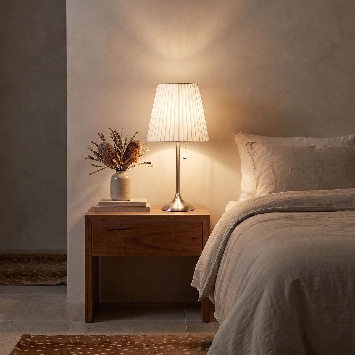 Scandinavian Metal Bedside Table Lamp on a bedside table